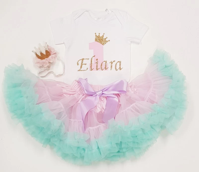 Verjaardag Set 1 Jaar Petticoat Roze Mint & Gouden Glitter Cijfer 3delig
