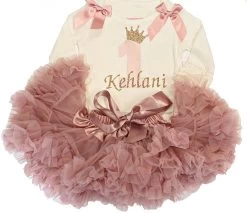 Verjaardag Set 1 Jaar Petticoat Dusty Pink & Metallic Old Pink Cijfer Met Naam Mogelijk