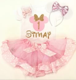 Minnie Mouse Verjaardag Tutu Roze Goud 1 Jaar Set Met Naam