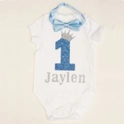 Cake Smash Romper Jongen Licht Blauw Zilver Met Naam NEW