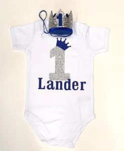Cake Smash Romper Jongen Met Naam Kroontje Zilver Blauw NEW