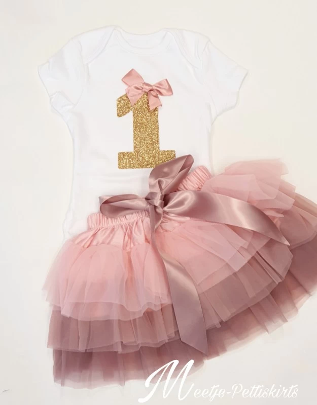 Verjaardag Set 1 Jaar Petticoat Layers Dusty Pink & Goud Cijfer