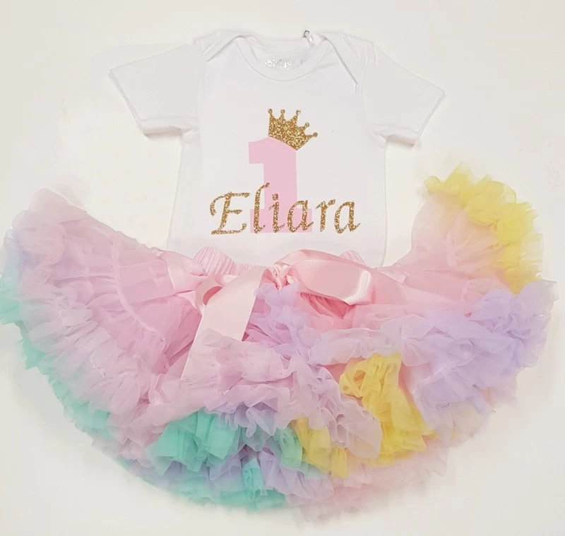 Verjaardag Set 1 Jaar Petticoat Pastel Rainbow & Gouden Glitter Cijfer