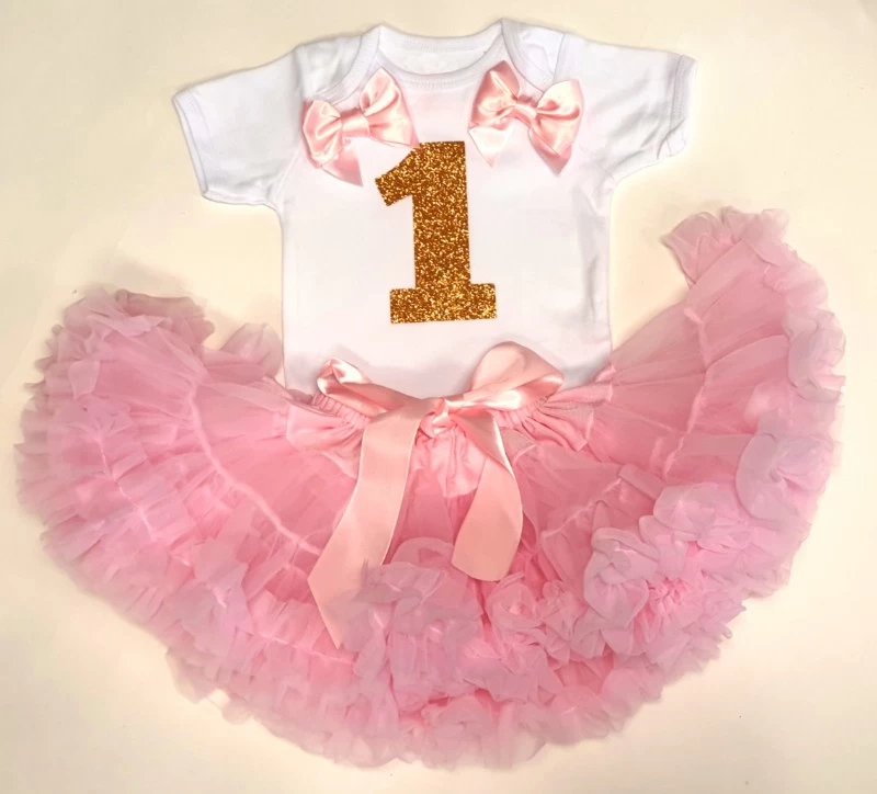Verjaardag Set 1 Jaar Petticoat Roze & Gouden Glitter Cijfer