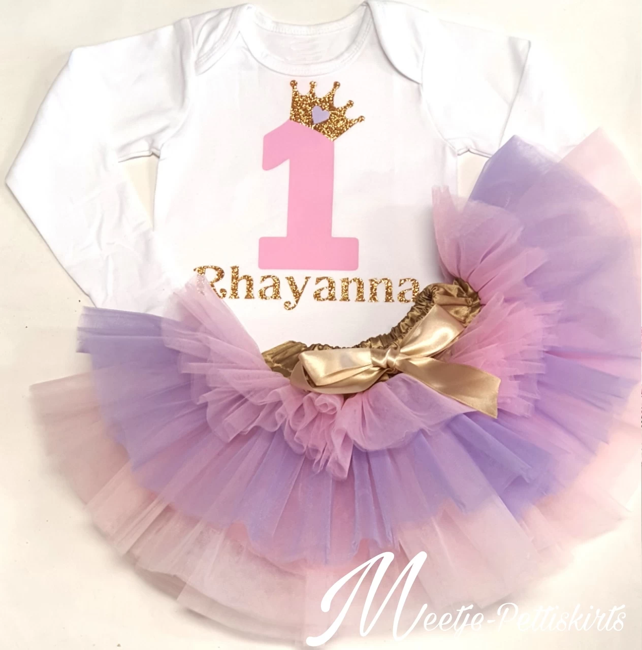 Verjaardag Set Luxe Tutu Rok Handmade Atelier 3 Layer Lila Roze Goud Cijfer 1 Tm 8 Jaar