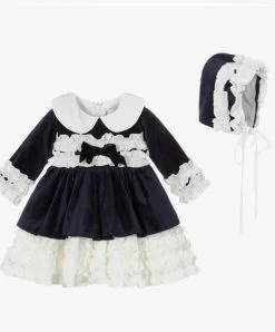 Donkerblauw Velvet Jurk + Bonnet